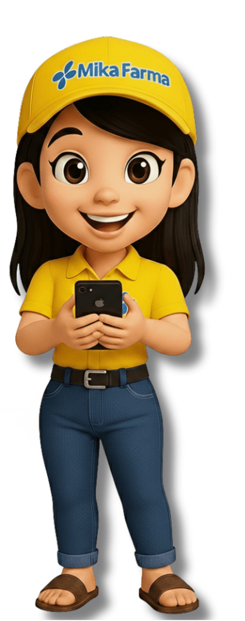 Mikazinha, a mascote da Mika Farma, segurando o celular