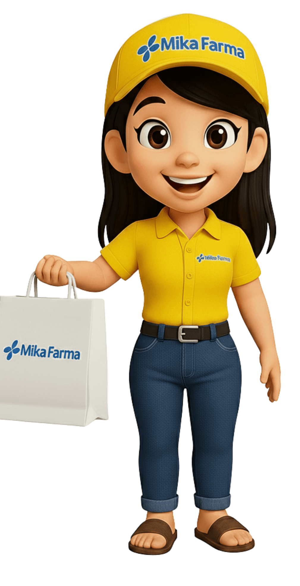 Mikazinha, a mascote da Mika Farma, com a sacola de compras
