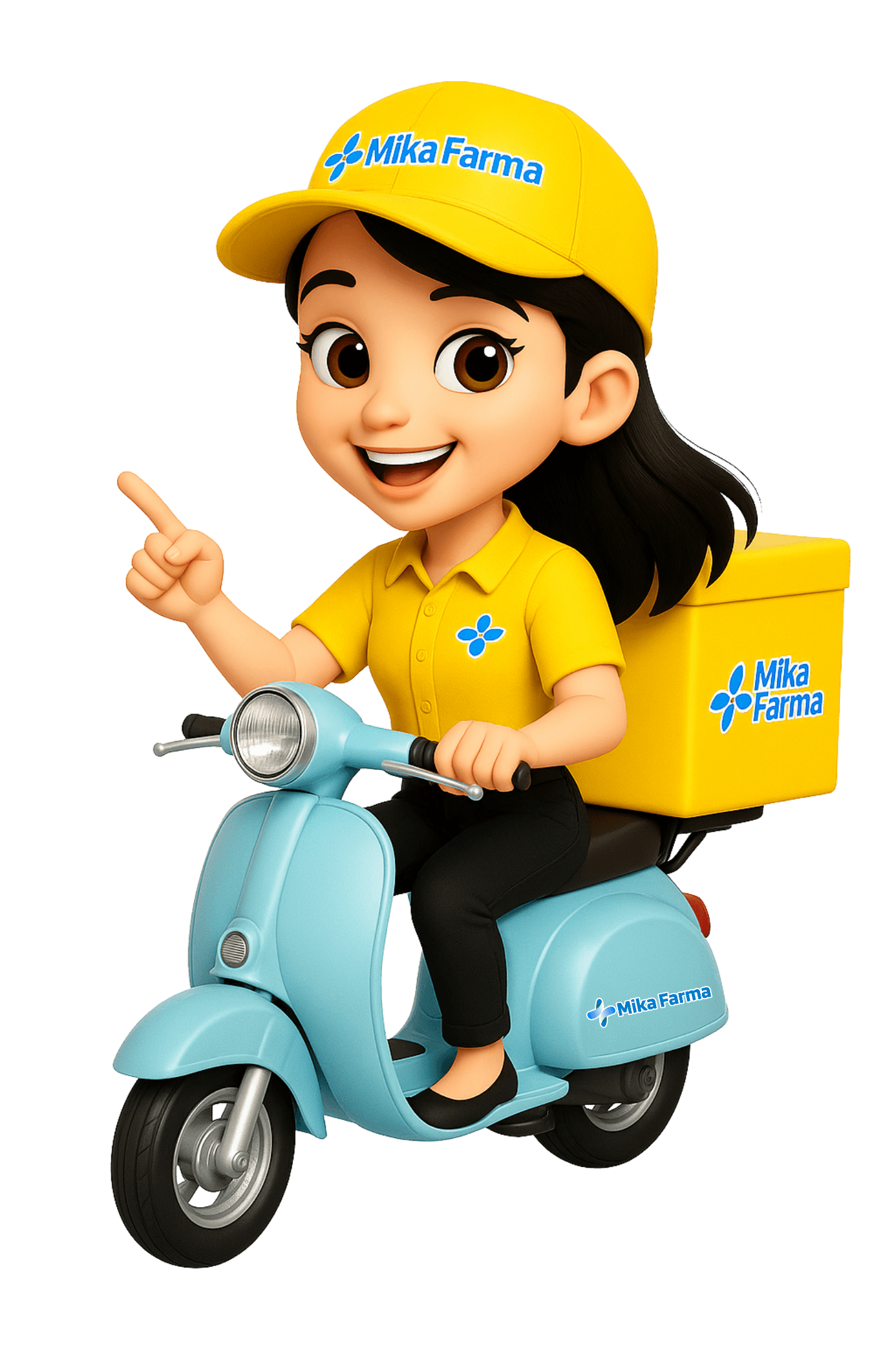 Mikazinha, a mascote da Mika Farma, entregando pedido de scooter